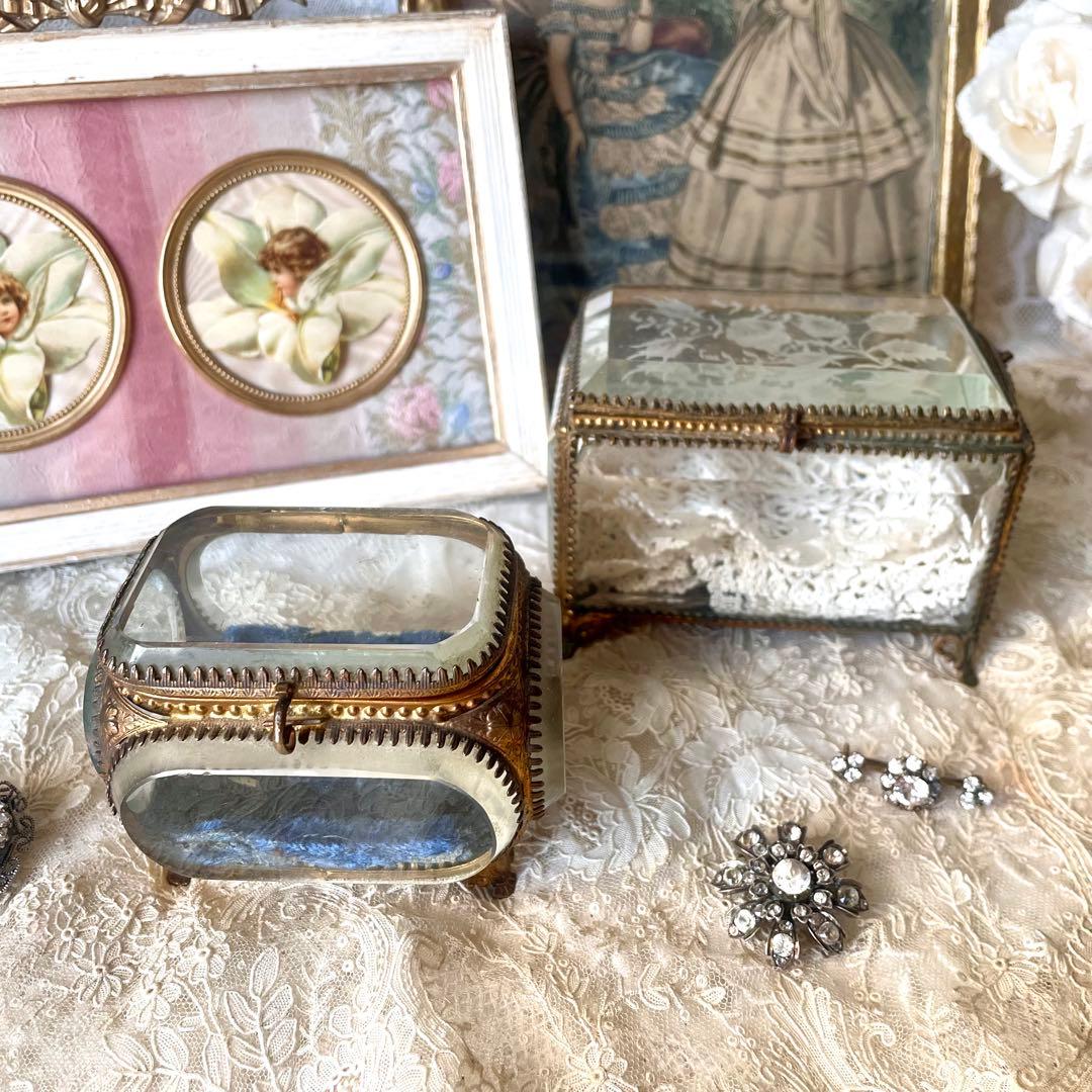 ローズ柄ベベルガラスジュエリーボックス　アクセサリーケース　フランスアンティーク