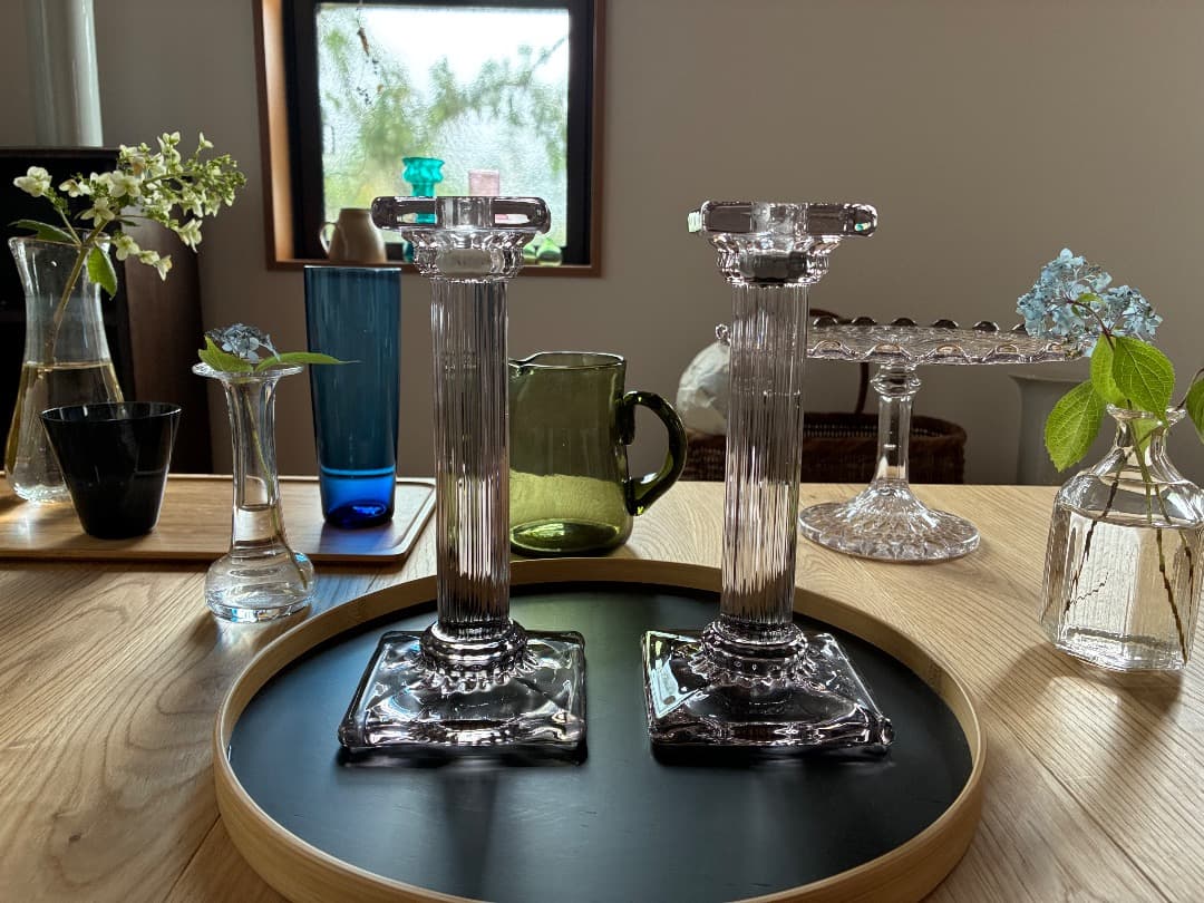 英国アンティーク　ガラス燭台ペア　キャンドルスタンド