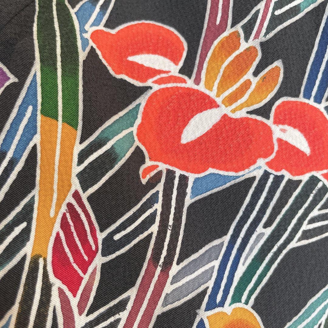 訪問着　フルセット　型染め風　四季草花　黒地　Q5