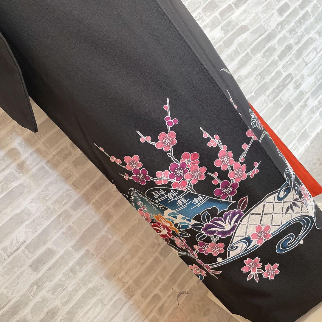 訪問着　フルセット　型染め風　四季草花　黒地　Q5