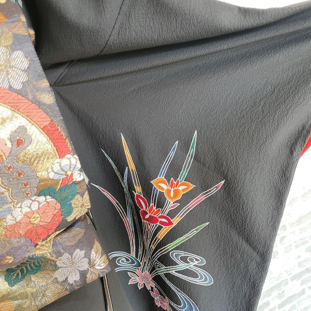 訪問着　フルセット　型染め風　四季草花　黒地　Q5