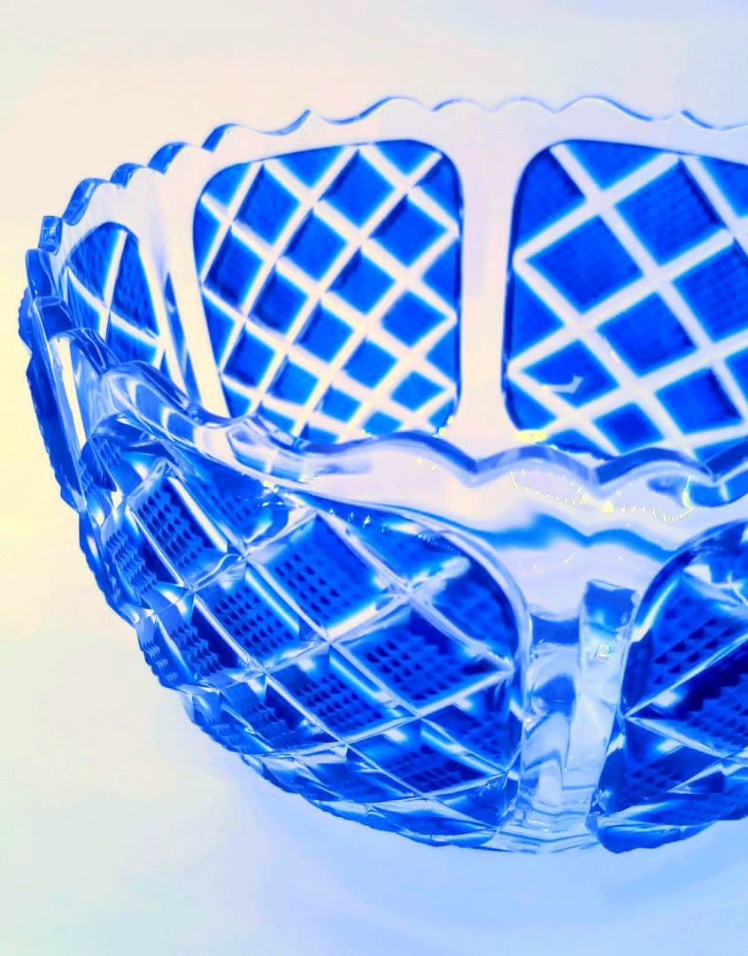 【新品未使用】薩摩びーどろ工芸作 薩摩切子 向付鉢 藍 魚子紋 花縁連弁状