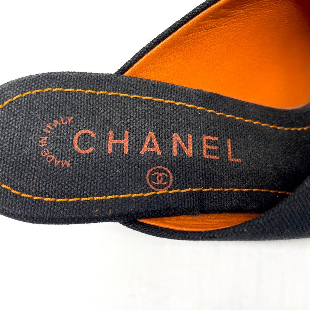 シャネル サンダル ミュール ココマーク キャンバス ブラック オレンジ 24㎝