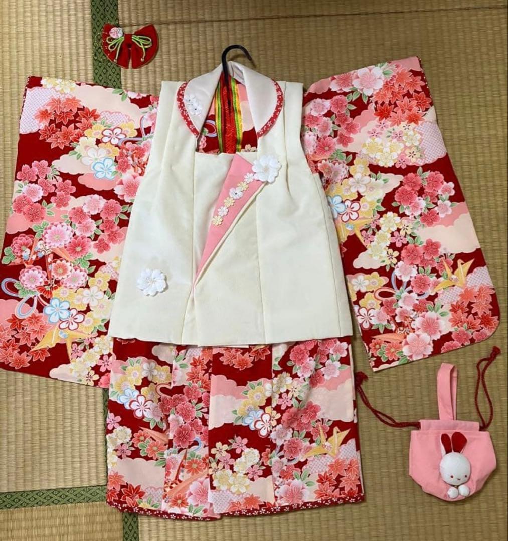 七五三3歳　女の子　着物セット　髪飾り付き
