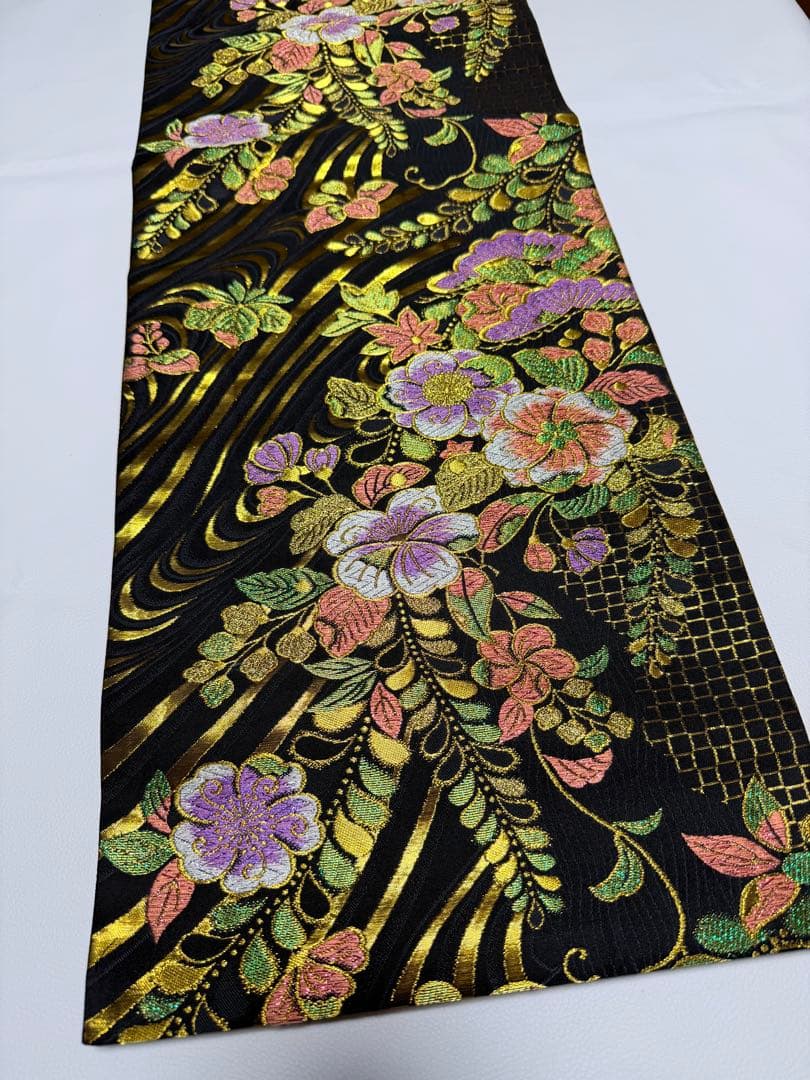 高級 袋帯 正絹 六通柄 辻が花 ブラック ゴールド 振袖 訪問着 色無地