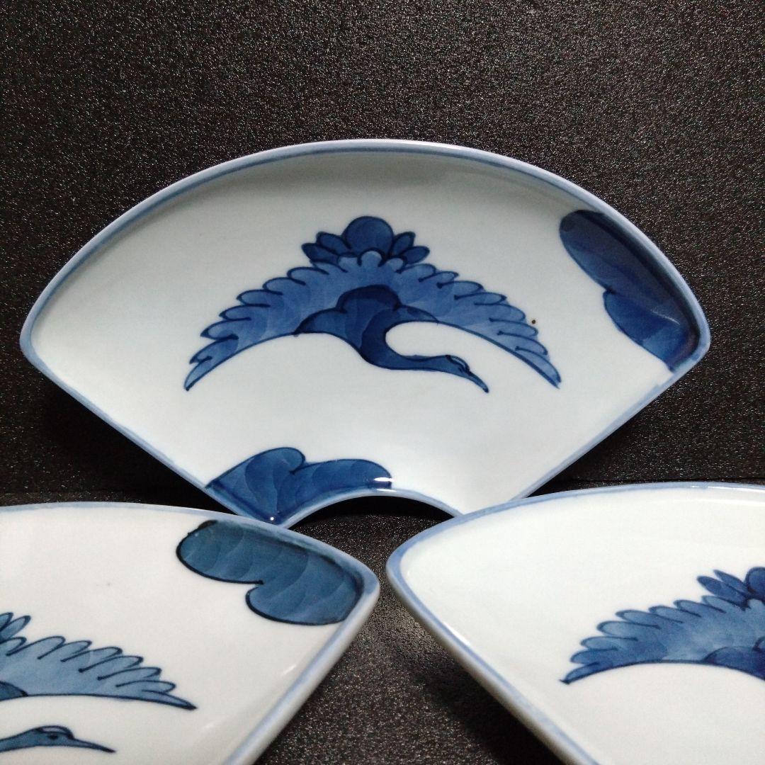 未使用 有田焼 源右衛門 扇形銘々皿5枚 鶴絵柄　お祝い