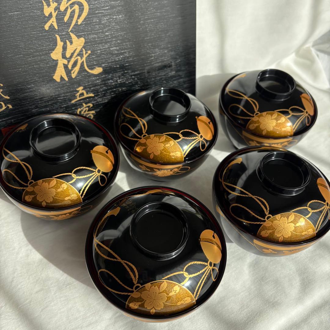 【新品未使用】会津塗 乙造作 漆器 金彩 蒔絵 桜鈴紋 お吸物椀 5客 共箱