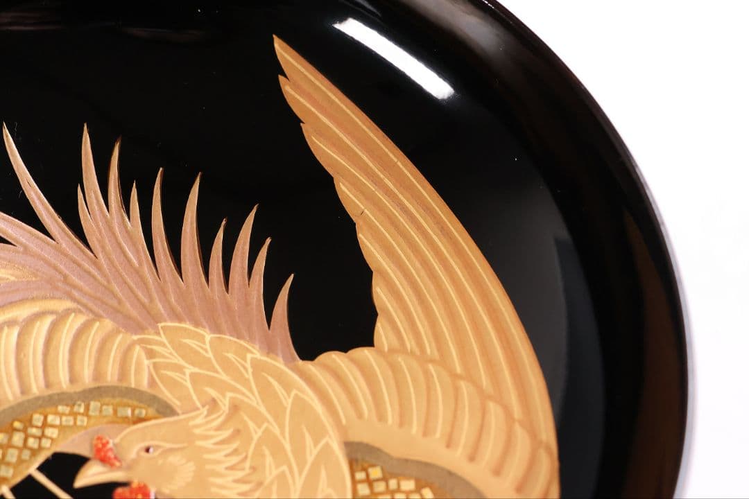 【CM401】天然木漆塗 菊桐鳳凰金蒔絵 黒塗 吸物椀 三客 昭和期 木製漆器