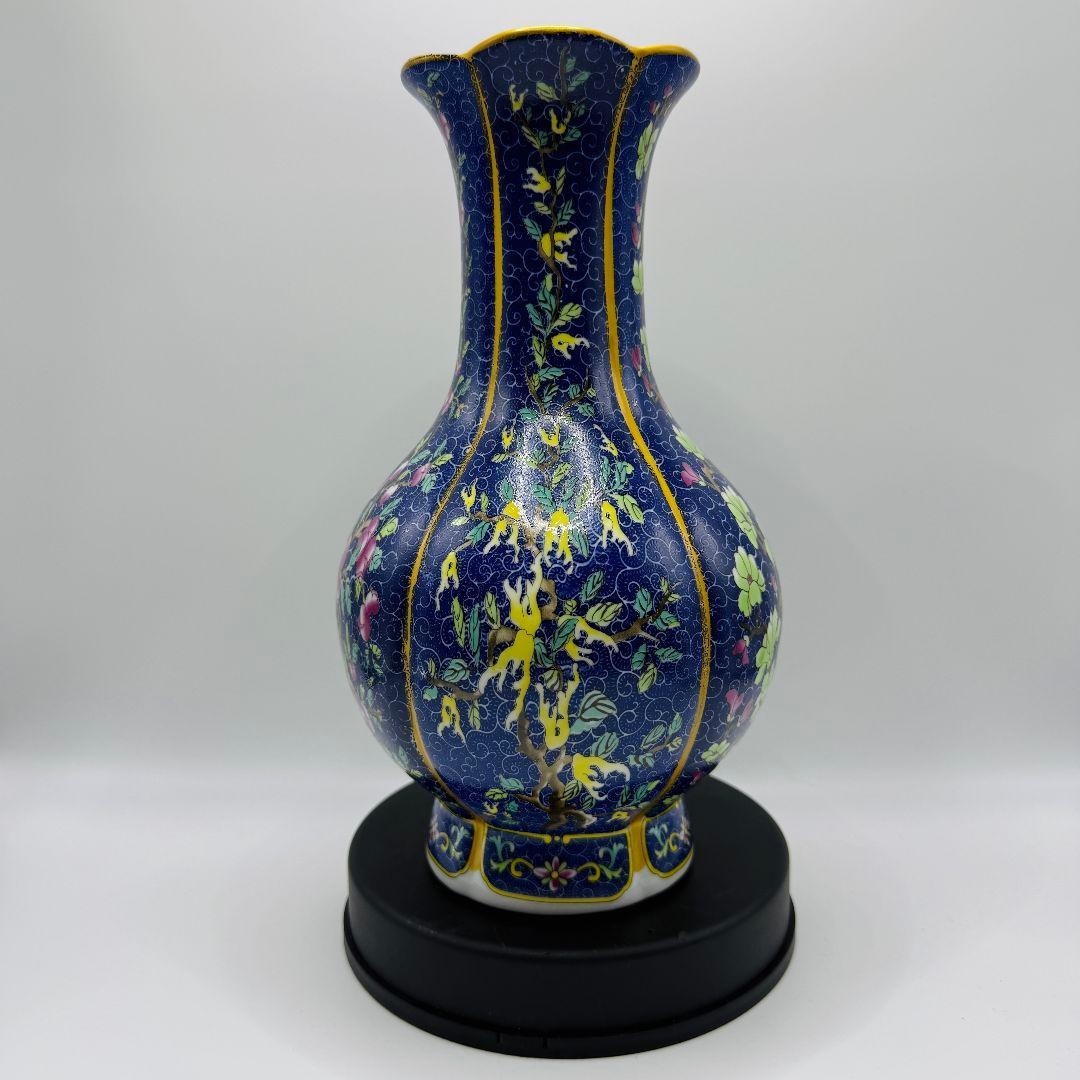 L106 青彩四角エナメル彩彩磁器花瓶 アンティーク