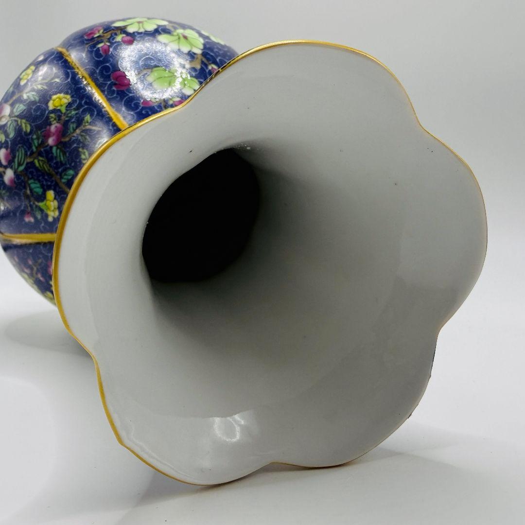 L106 青彩四角エナメル彩彩磁器花瓶 アンティーク