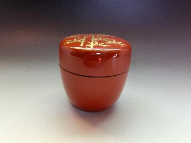 棗■古い蒔絵竹図朱塗り茶入れ 金彩 漆塗り 中棗 時代箱 お茶道具 時代物骨董■