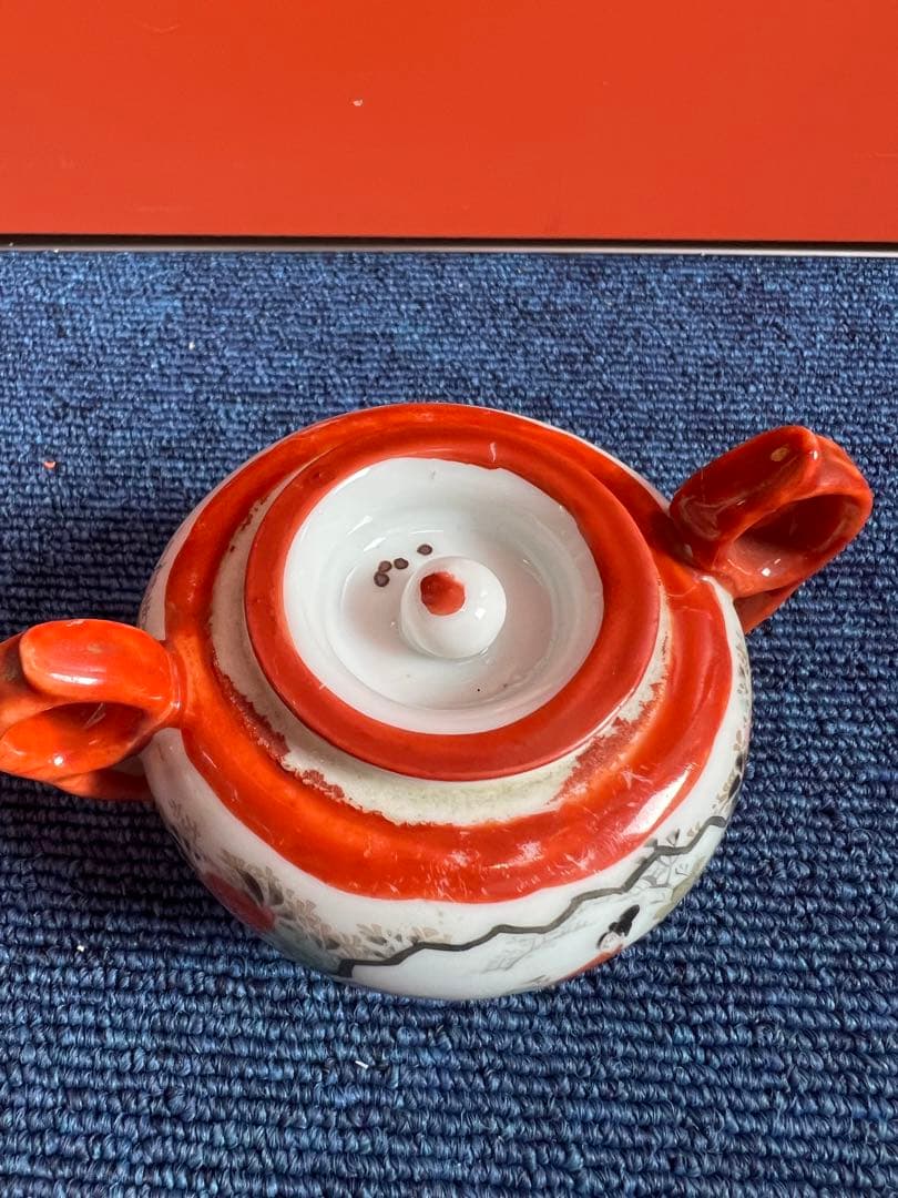 1381 明治期　九谷焼　赤絵人物風景図　シュガーポット　時代物