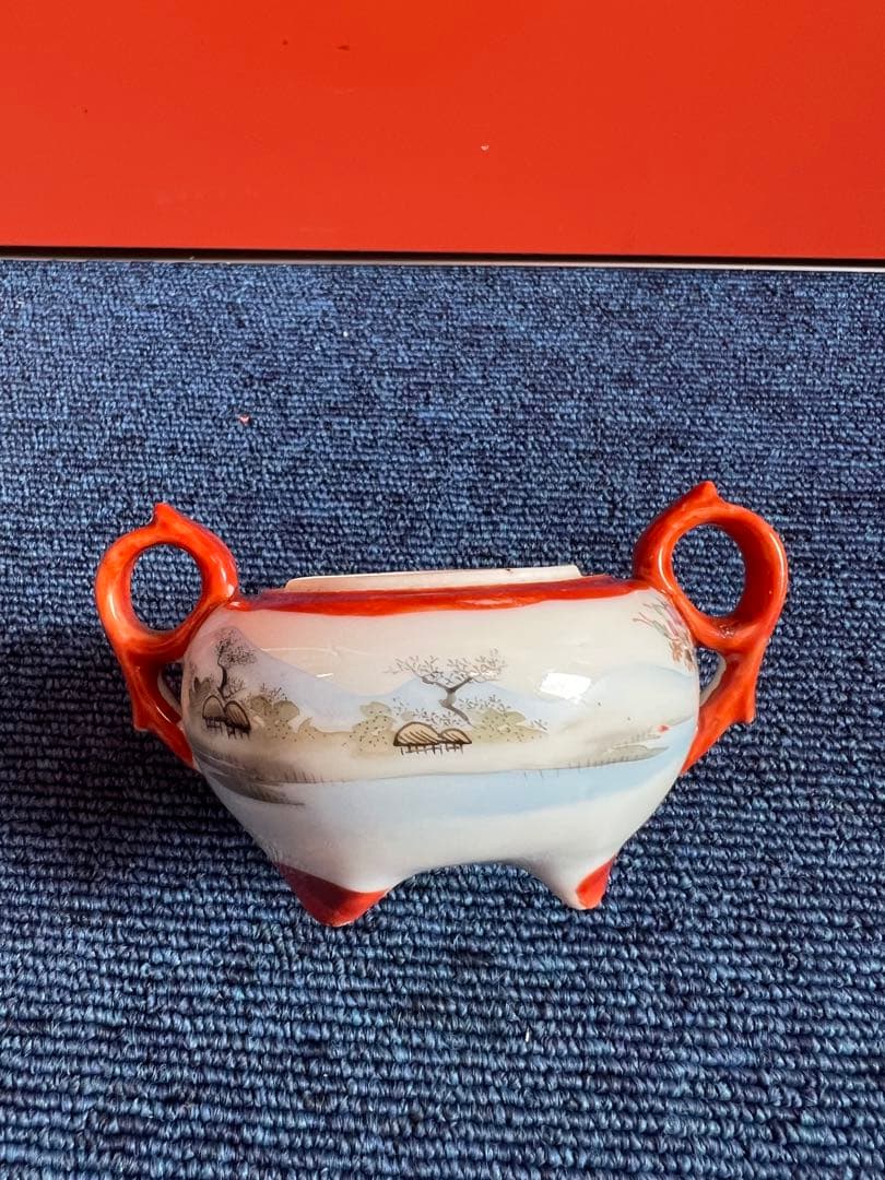 1381 明治期　九谷焼　赤絵人物風景図　シュガーポット　時代物