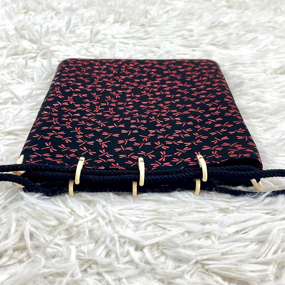 甲州印伝 印傳屋 合切袋 黒鹿革×赤漆 トンボ 巾着 袋 手提 革小物 上原勇七