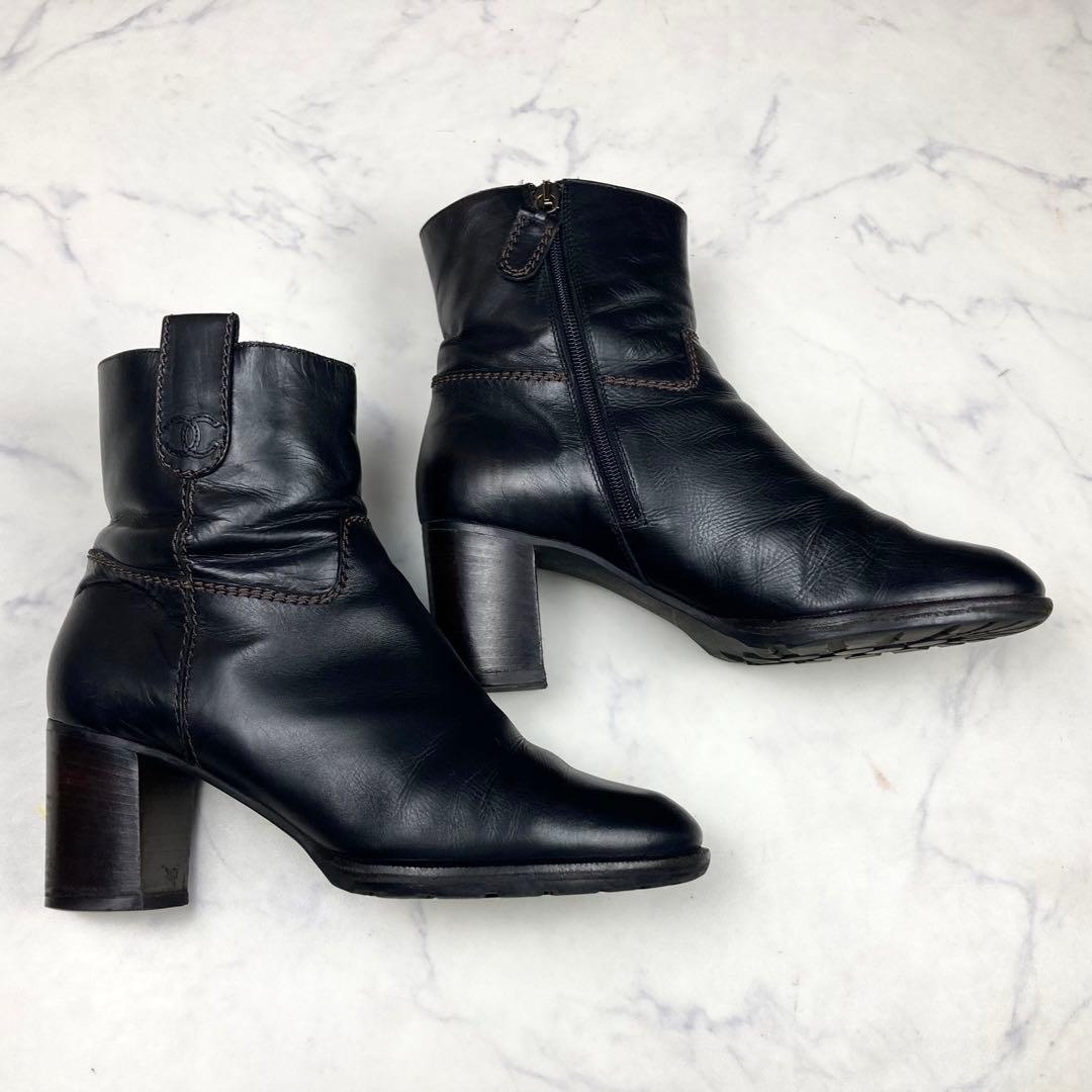 CHANEL ココマーク ムートンブーツ 黒 レザー