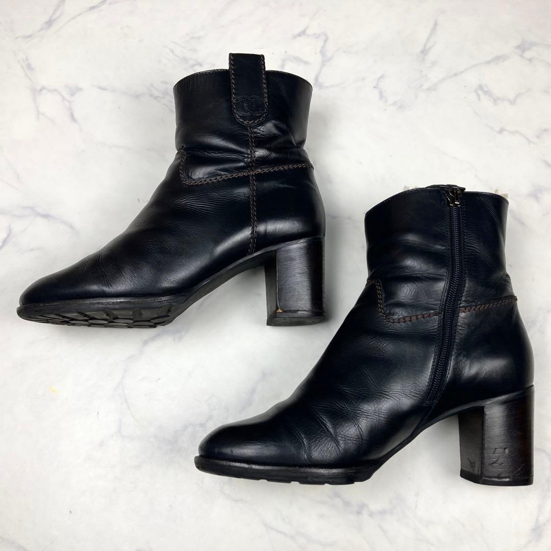 CHANEL ココマーク ムートンブーツ 黒 レザー