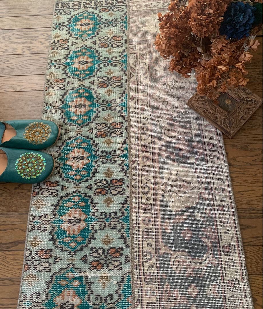 ランナー　モロッカンタイル　120×58パッチワーク　トルコヴィンテージラグ