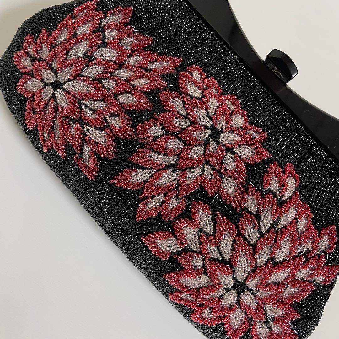 ビンテージ 黒 菊文様 ビーズバッグ 総ビーズ 和装バッグ 和装小物 YK072