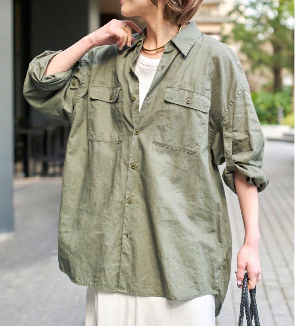 Spick and Span コットンリネンユーティリティーシャツ　カーキ