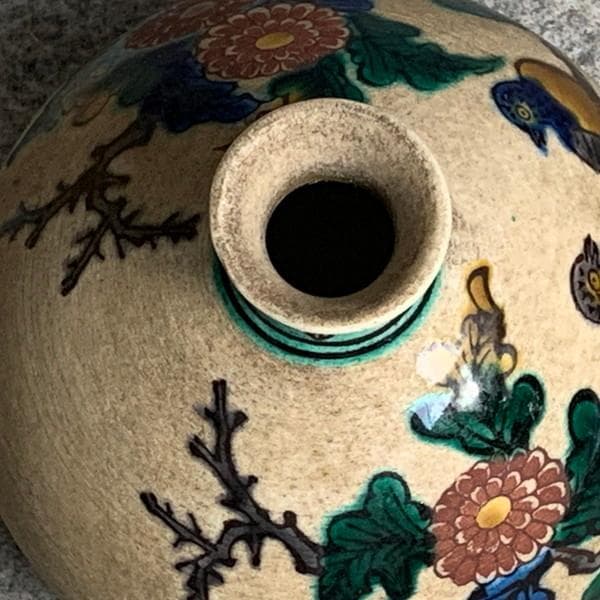 九谷焼青手角福菊に小鳥図油壺 [B28383]