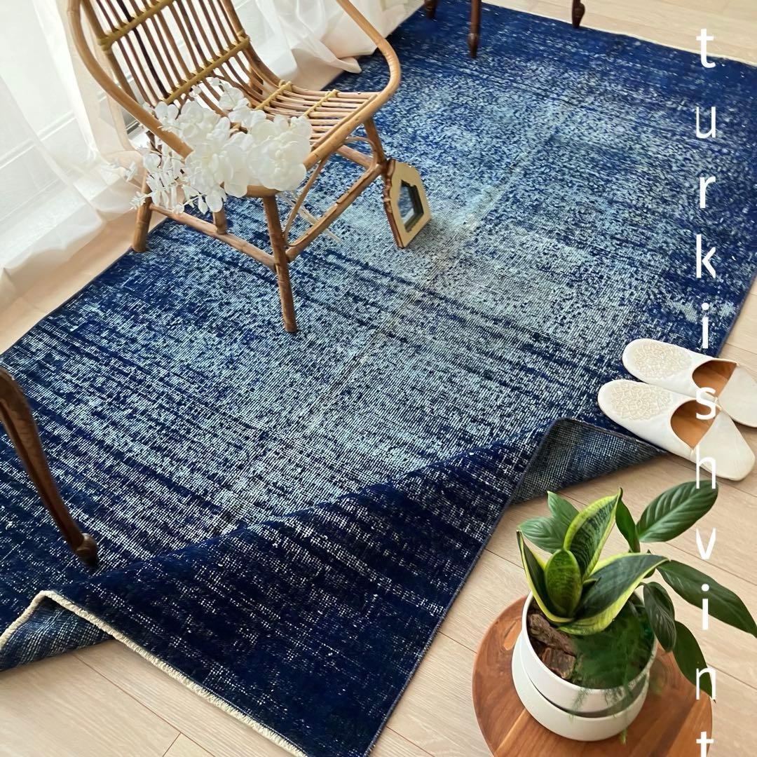 オーバーダイ109×205 デニム　グラデーションブルー　トルコヴィンテージラグ