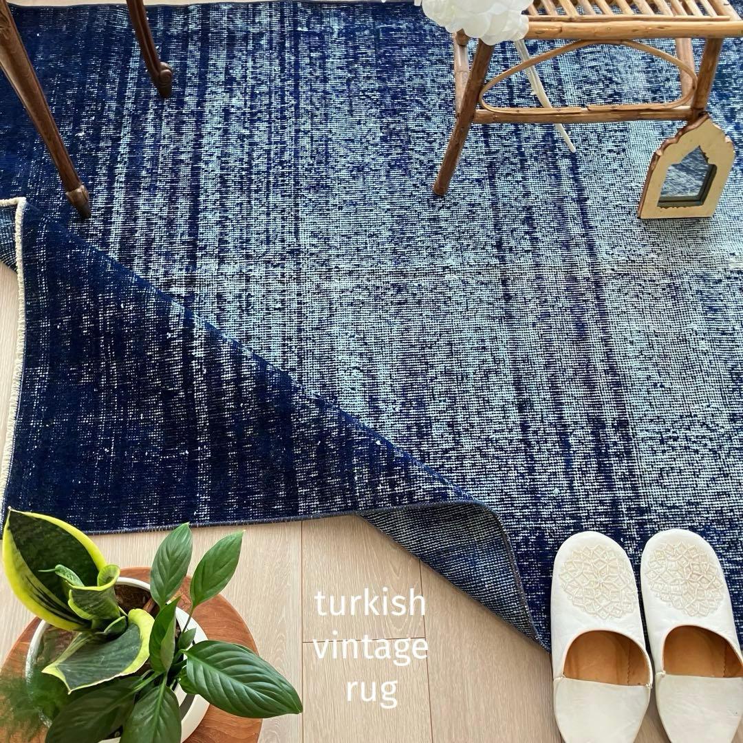 オーバーダイ109×205 デニム　グラデーションブルー　トルコヴィンテージラグ