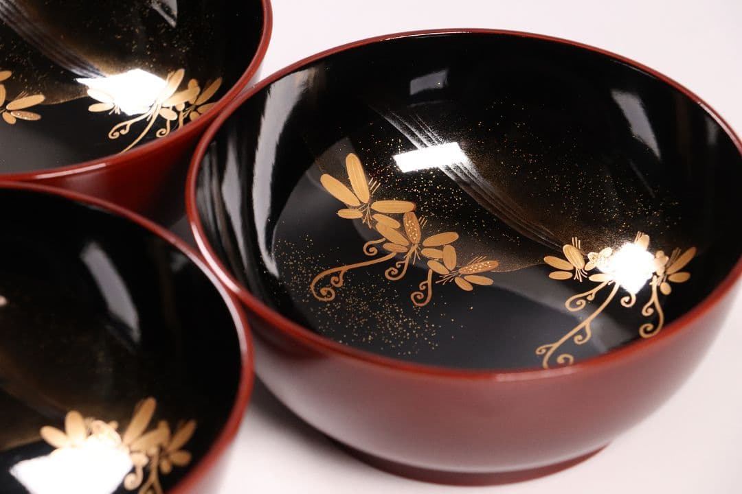 専用10客まとめ CM5 時代 加賀蒔絵 鳥図 溜塗内黒 椀 三客 木製 雉春草