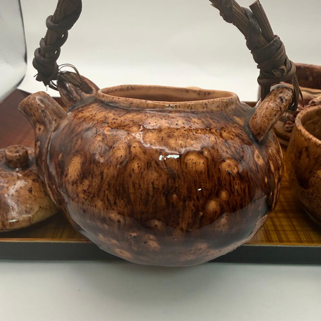 昭和レトロ 古陶 茶器セット 盆付 籐取手 民芸陶器 堀込洞窟松紋彫　煎茶道具