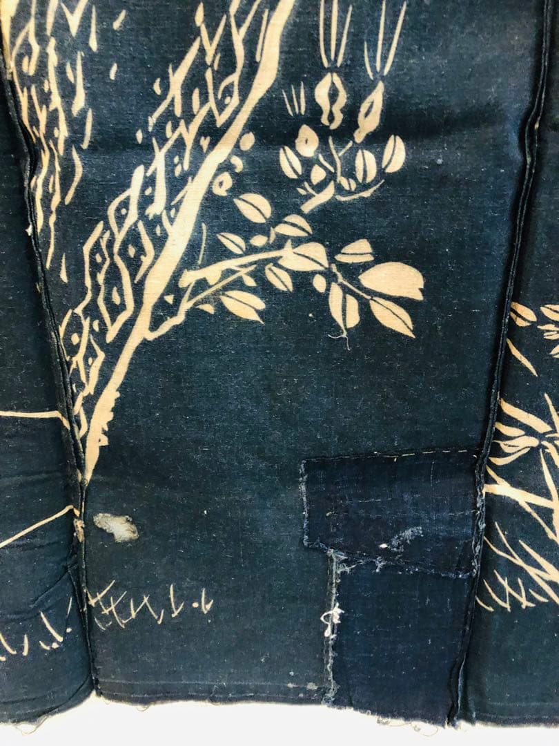 藍染筒描き三巾加賀のれん時代物木綿古布　ソ-229