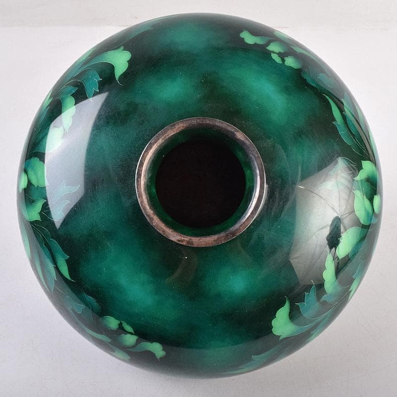 七宝焼　安藤七宝店　SILVER刻印　翡翠釉　花文　花瓶　共箱　M　R8879B