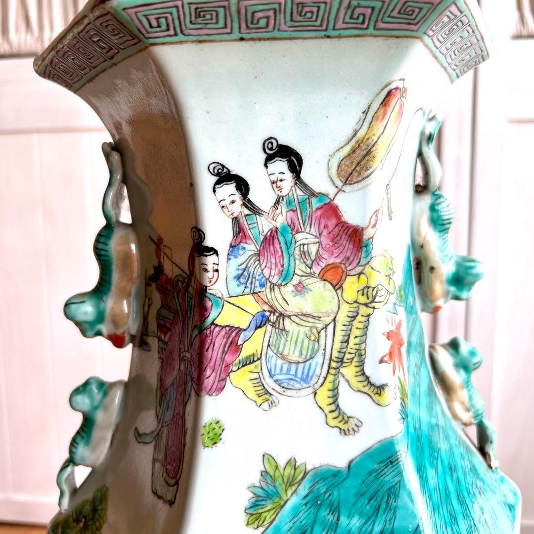 粉彩大花瓶 仙人図絵 花文双耳 八角瓶 珍品 中国