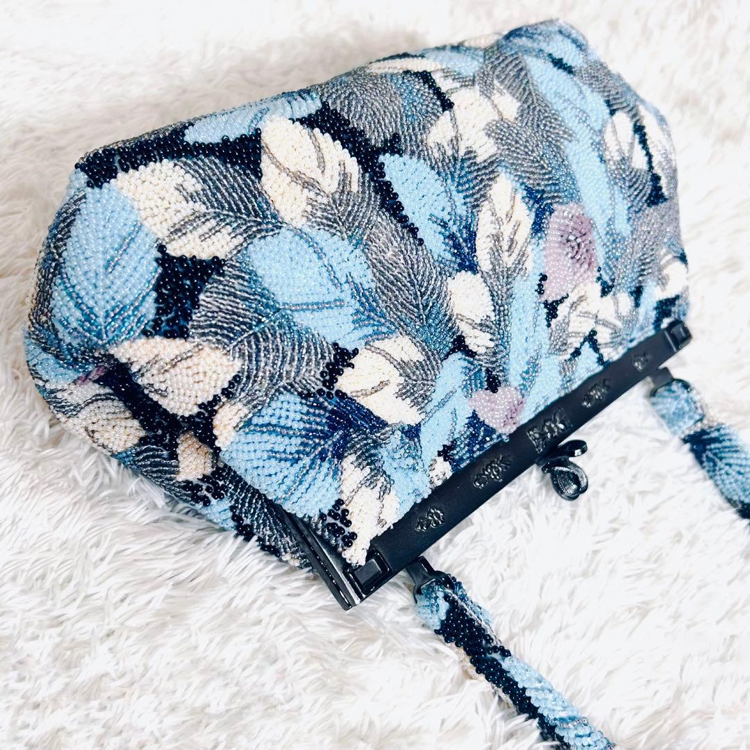 ビーズバッグ ハンドバッグ 手刺繍 葉っぱ 和装 レトロ ヴィンテージ ブルー